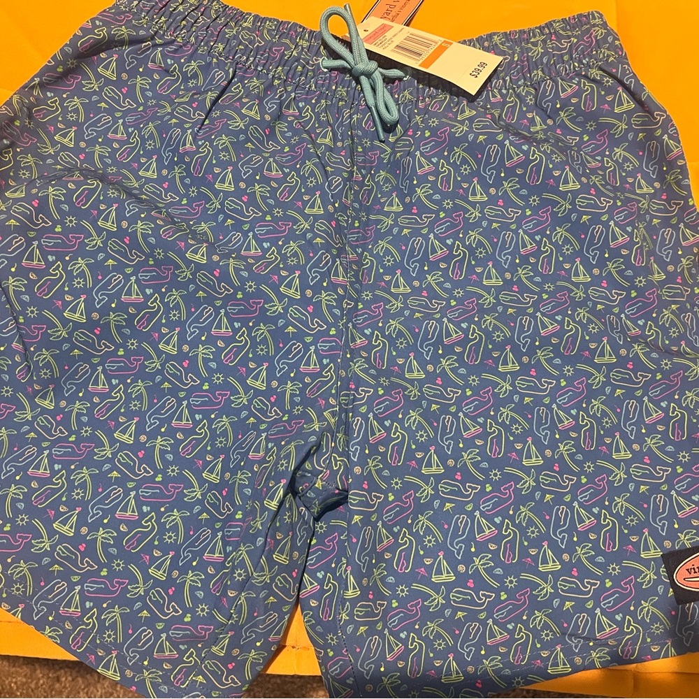 Vineyard Vines Blue and Green Swim Trunks with Elastic Waistband